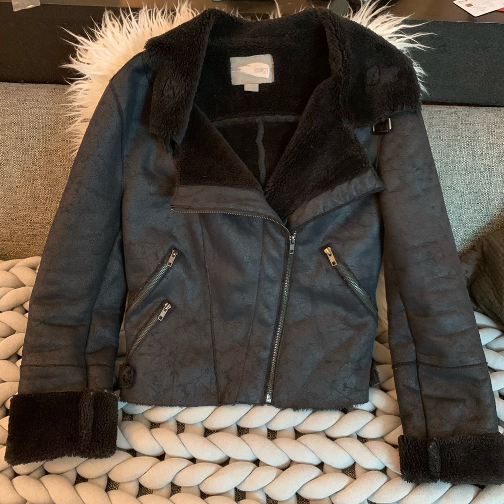 Black Faux Sherpa Shearling Moto Biker Jacket